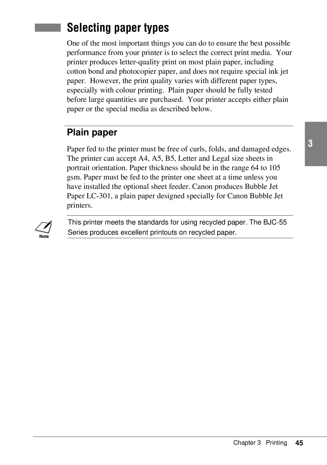 Canon BJC-55 user manual Selecting paper types, Plain paper 