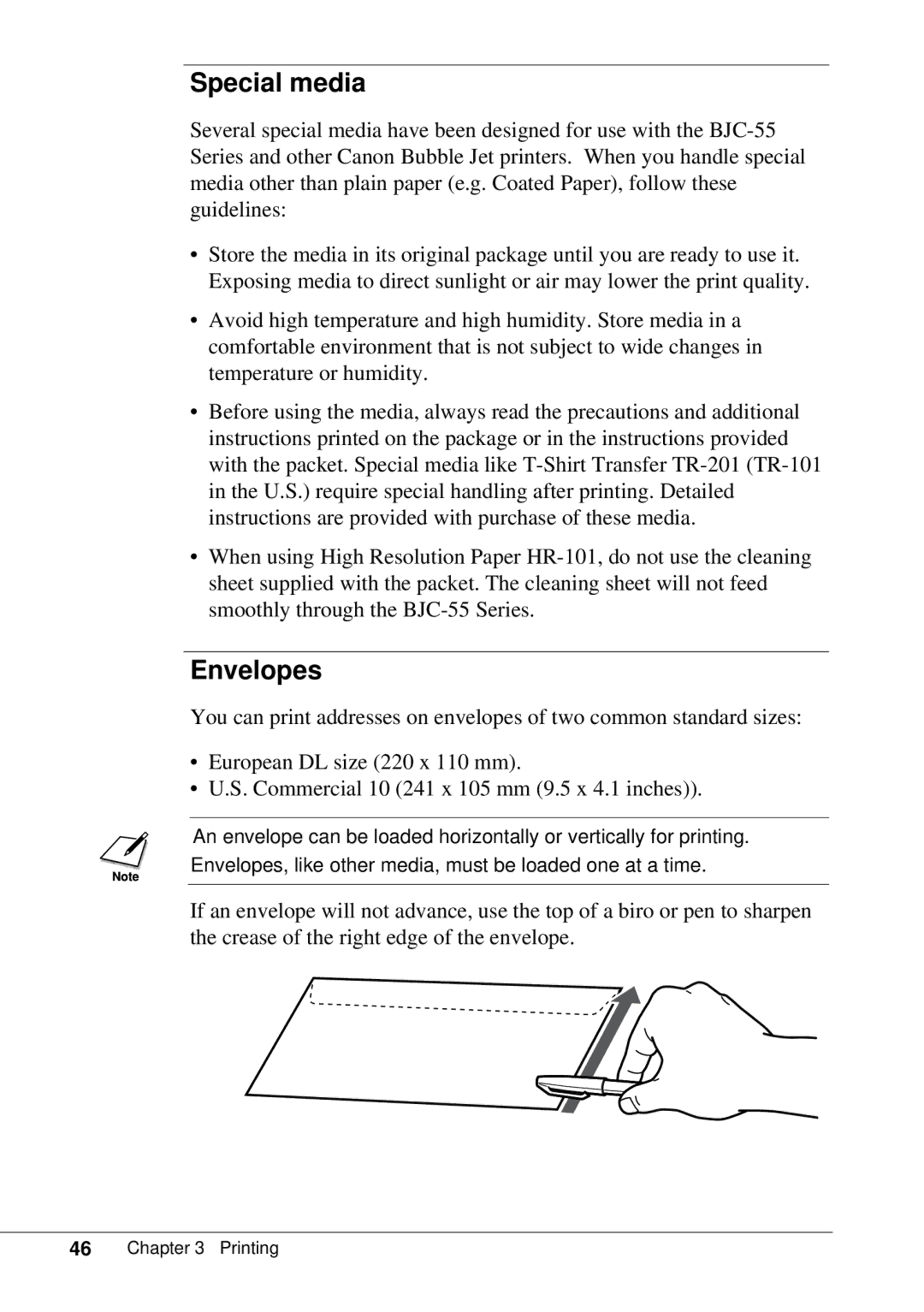 Canon BJC-55 user manual Special media, Envelopes 