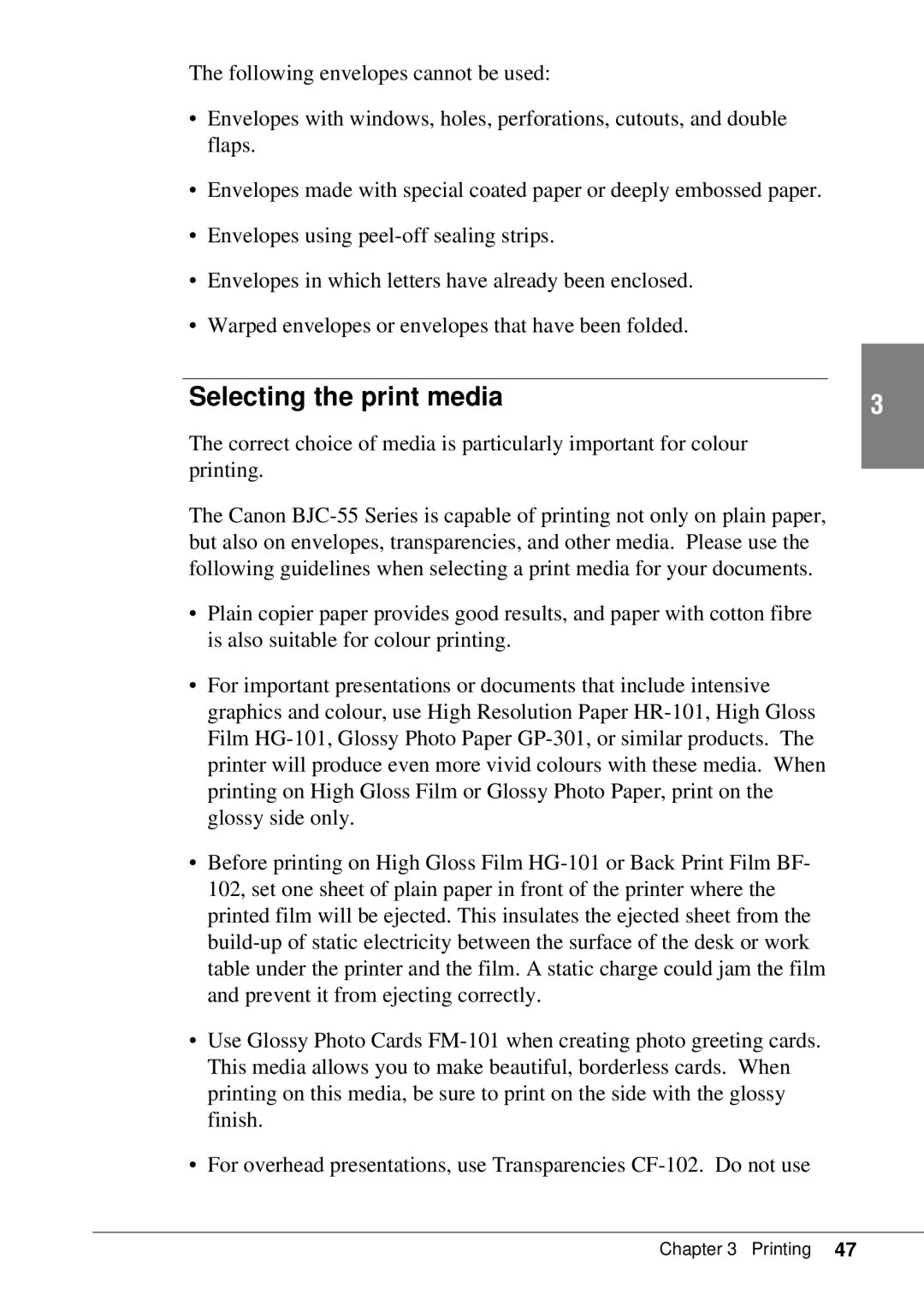 Canon BJC-55 user manual Selecting the print media 