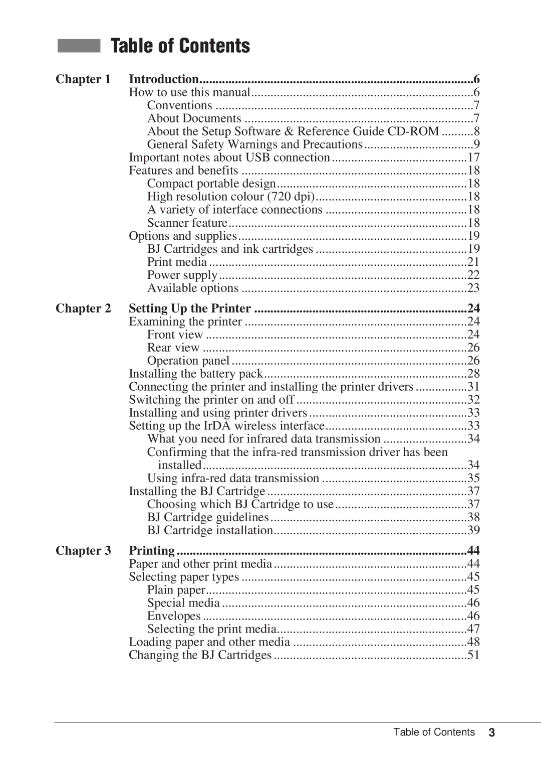 Canon BJC-55 user manual Table of Contents 