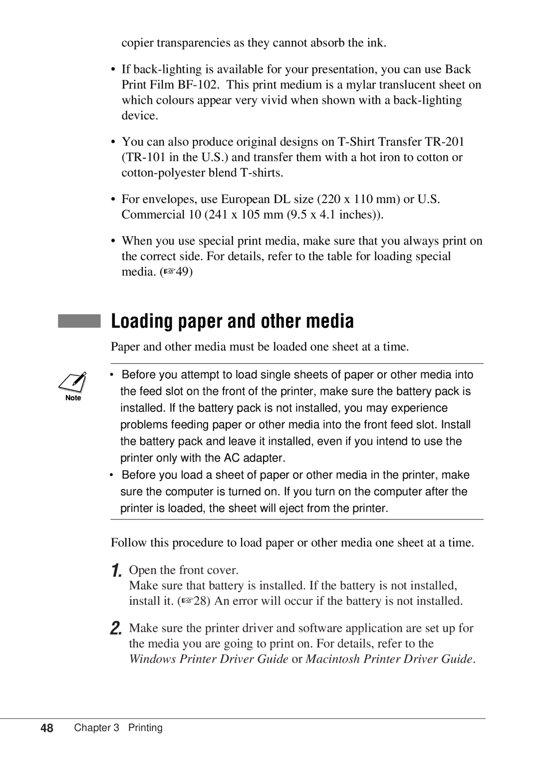 Canon BJC-55 user manual Loading paper and other media, Paper and other media must be loaded one sheet at a time 