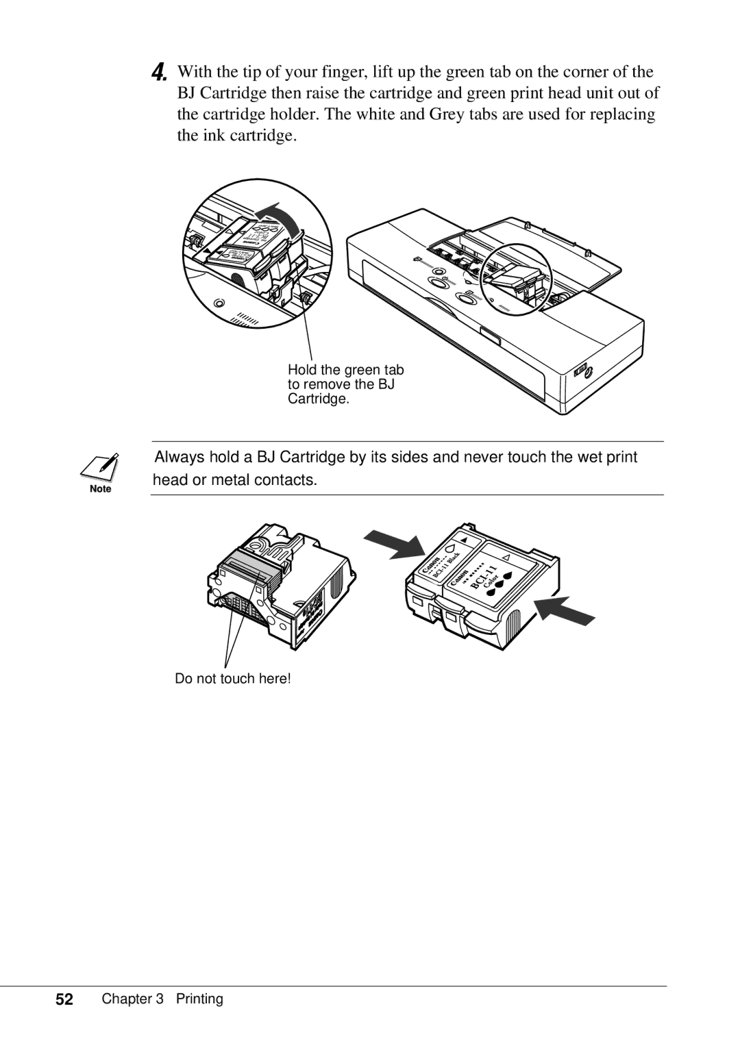 Canon BJC-55 user manual Hold the green tab to remove the BJ Cartridge 