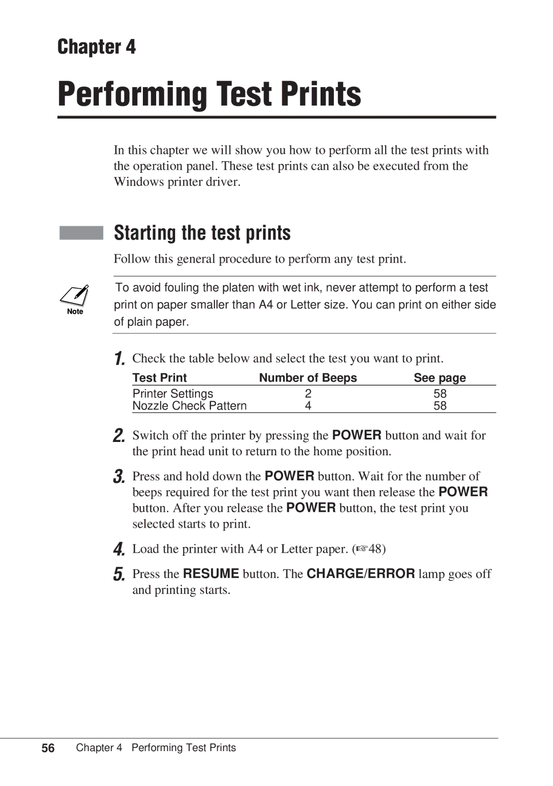 Canon BJC-55 user manual Performing Test Prints, Starting the test prints 