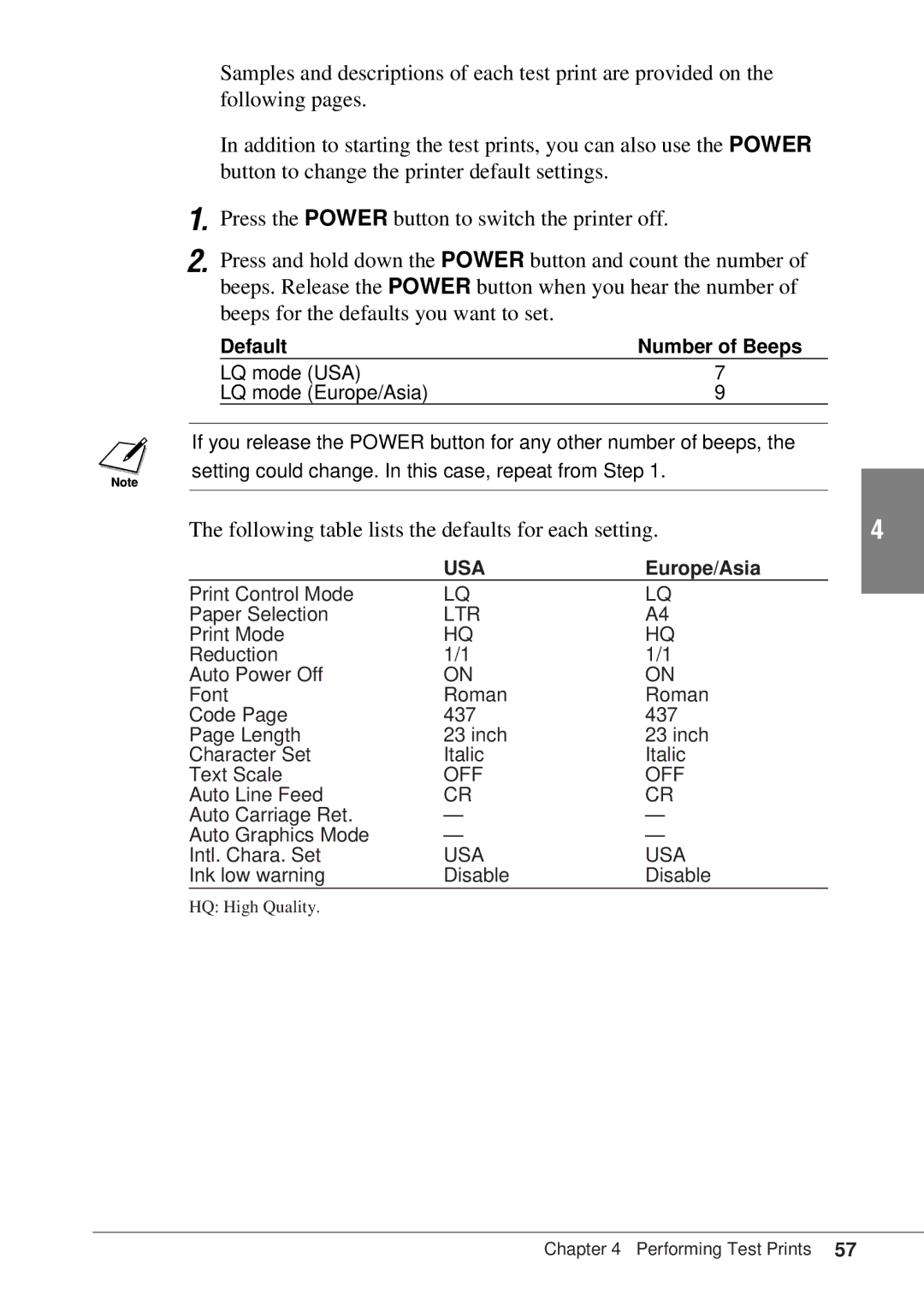 Canon BJC-55 user manual Following table lists the defaults for each setting 