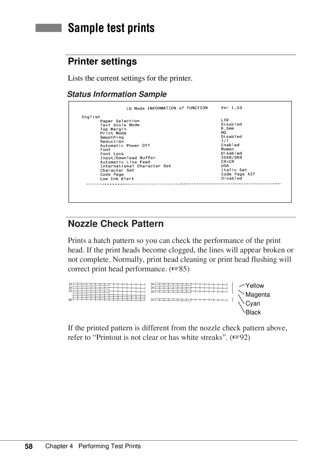 Canon BJC-55 user manual Sample test prints, Printer settings, Nozzle Check Pattern, Status Information Sample 