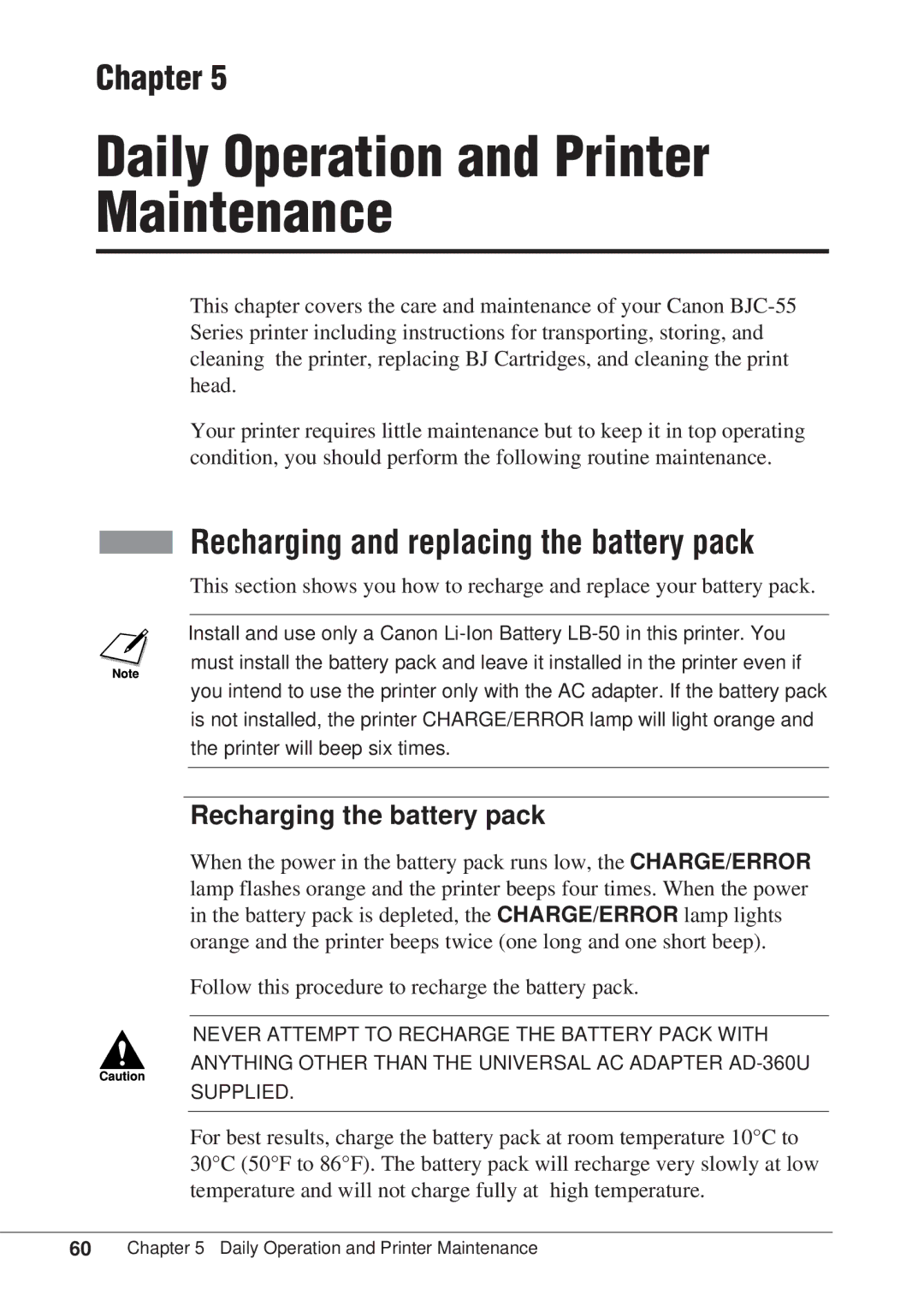 Canon BJC-55 user manual Recharging and replacing the battery pack, Recharging the battery pack 