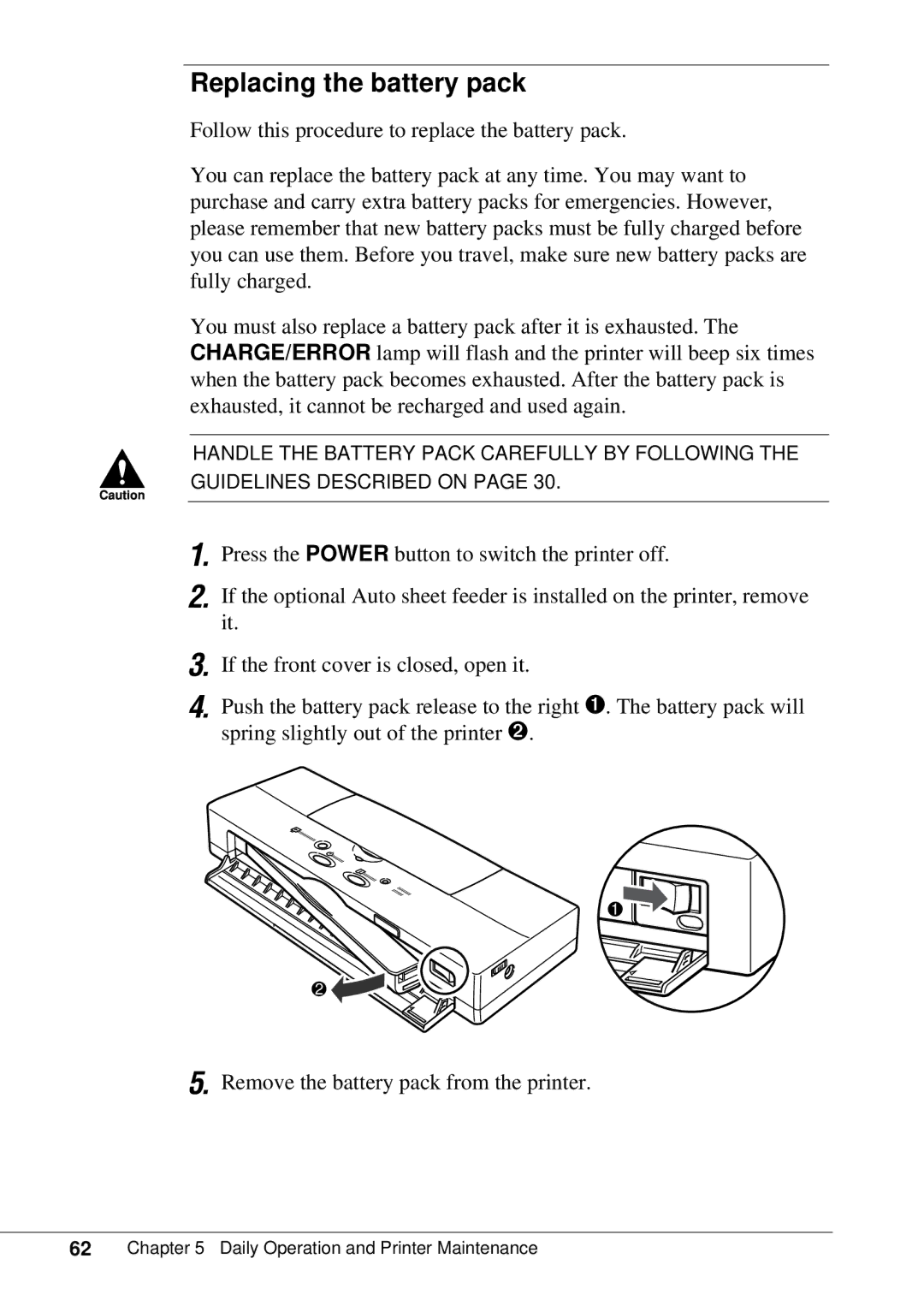 Canon BJC-55 user manual Replacing the battery pack 