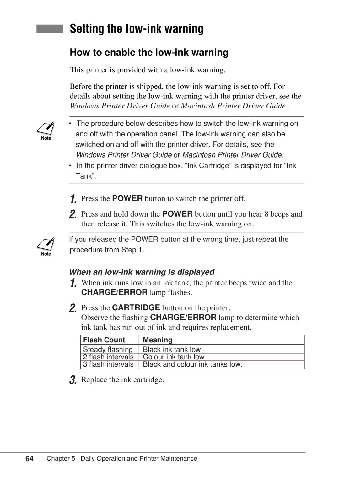 Canon BJC-55 Setting the low-ink warning, How to enable the low-ink warning, When an low-ink warning is displayed 