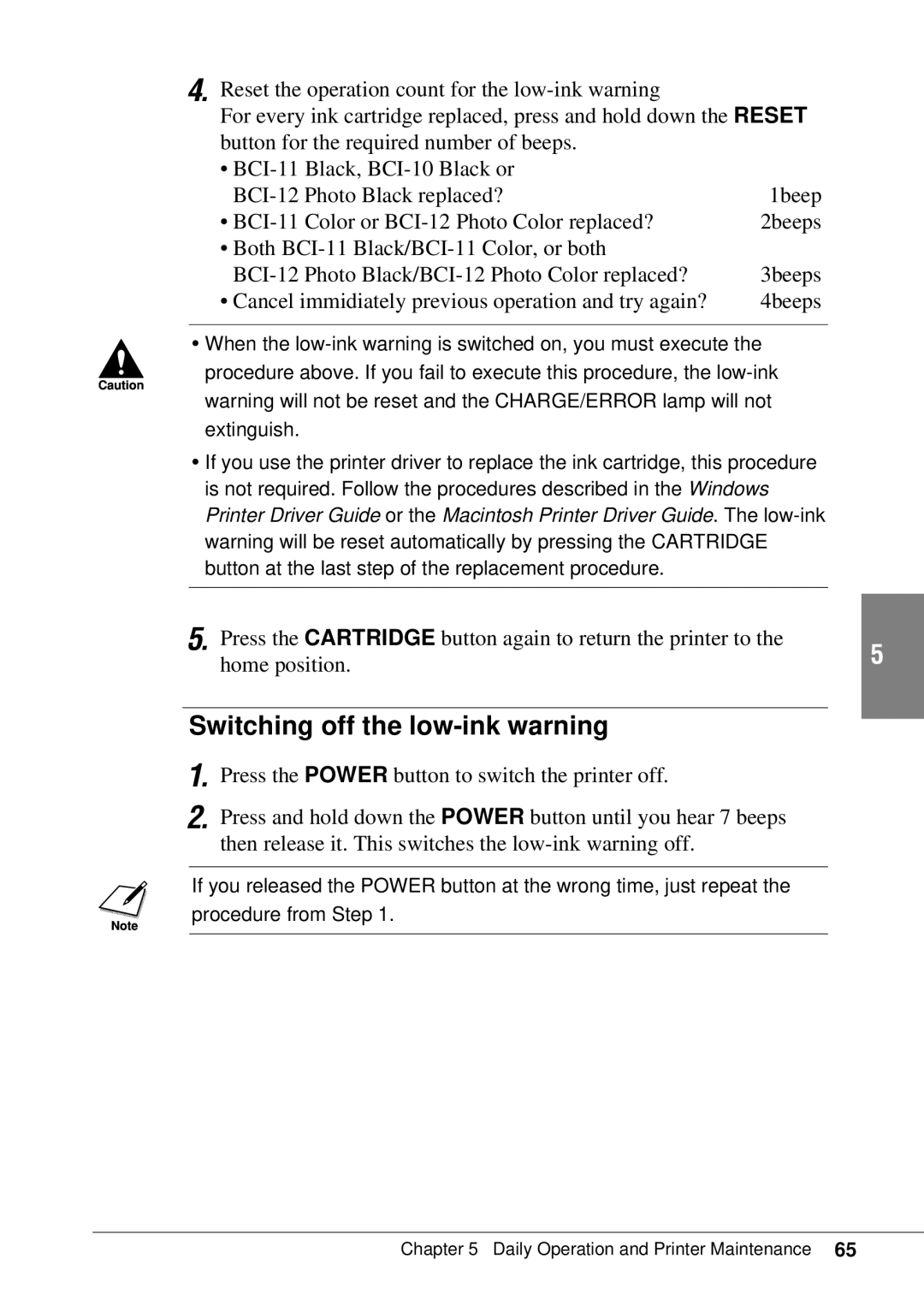 Canon BJC-55 user manual Switching off the low-ink warning, Cancel immidiately previous operation and try again? 4beeps 