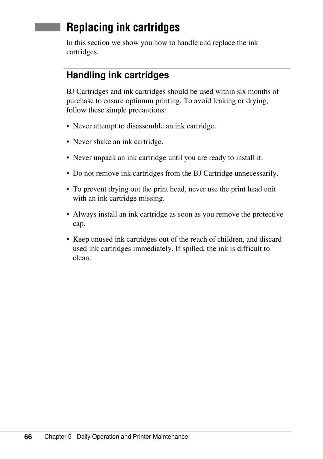 Canon BJC-55 user manual Replacing ink cartridges, Handling ink cartridges 