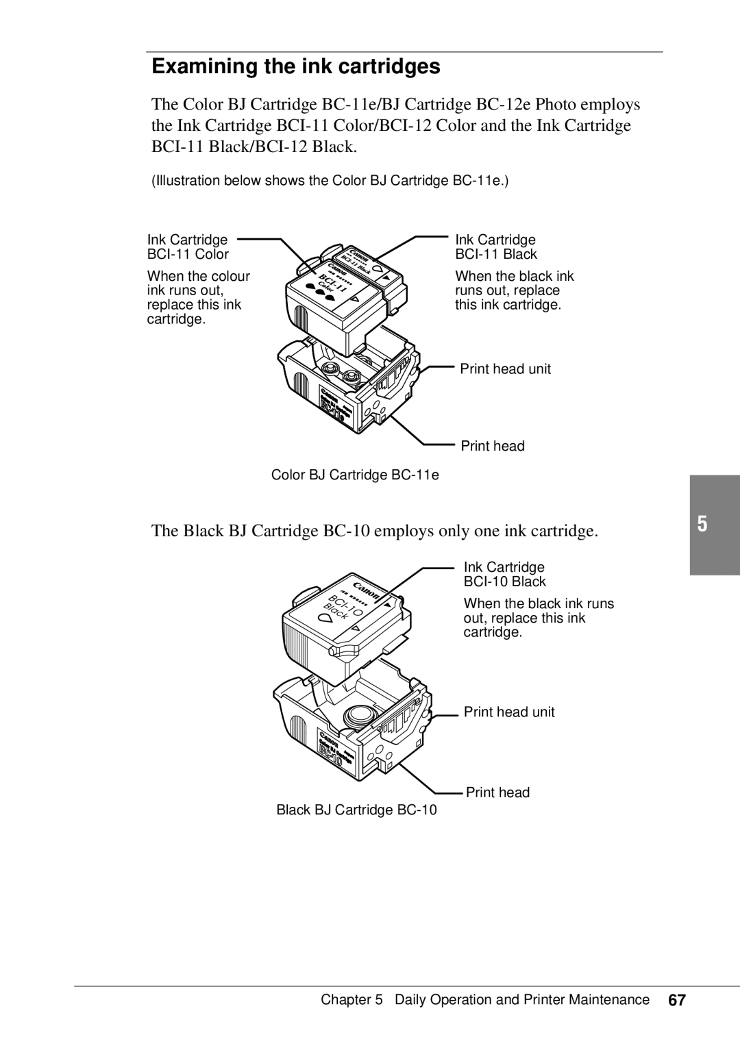 Canon BJC-55 user manual Examining the ink cartridges, Black BJ Cartridge BC-10 employs only one ink cartridge 