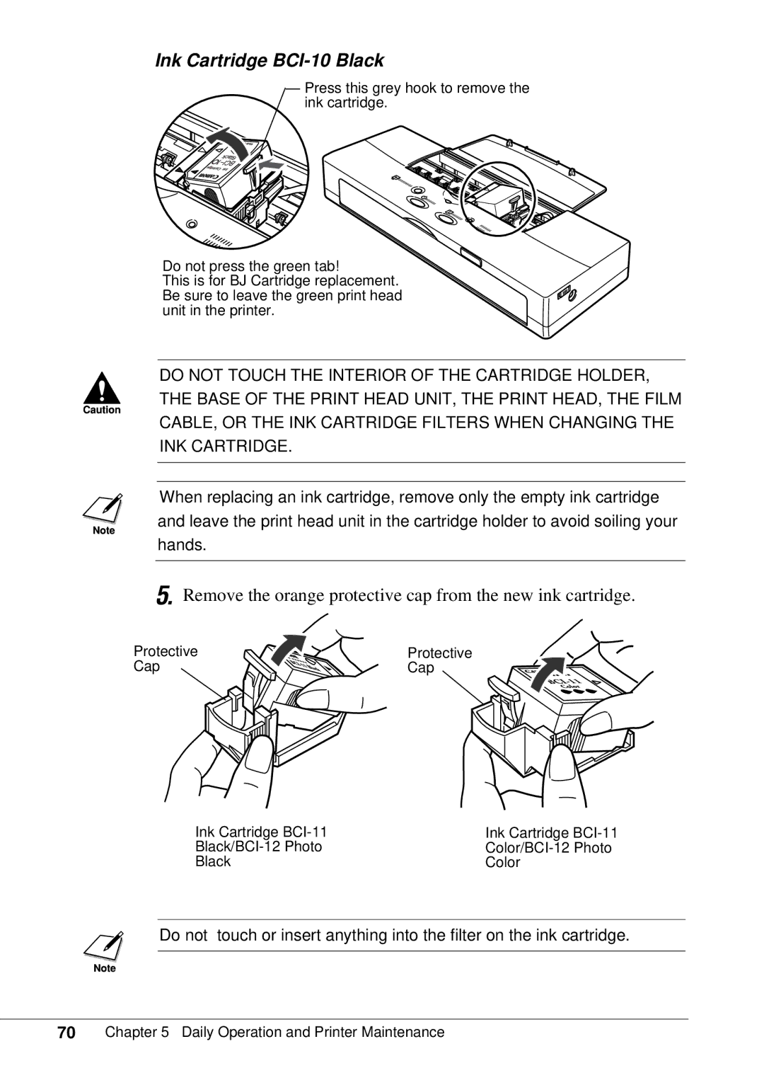 Canon BJC-55 user manual Ink Cartridge BCI-10 Black, Remove the orange protective cap from the new ink cartridge 