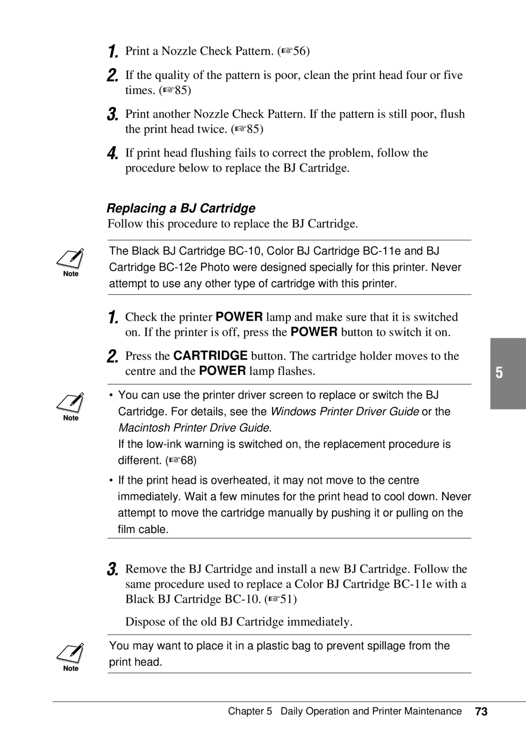 Canon BJC-55 user manual Replacing a BJ Cartridge, Follow this procedure to replace the BJ Cartridge 