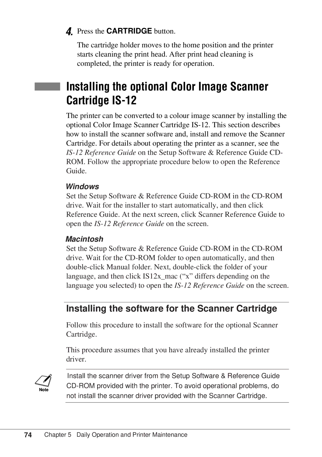 Canon BJC-55 user manual Installing the optional Color Image Scanner Cartridge IS-12, Windows, Macintosh 