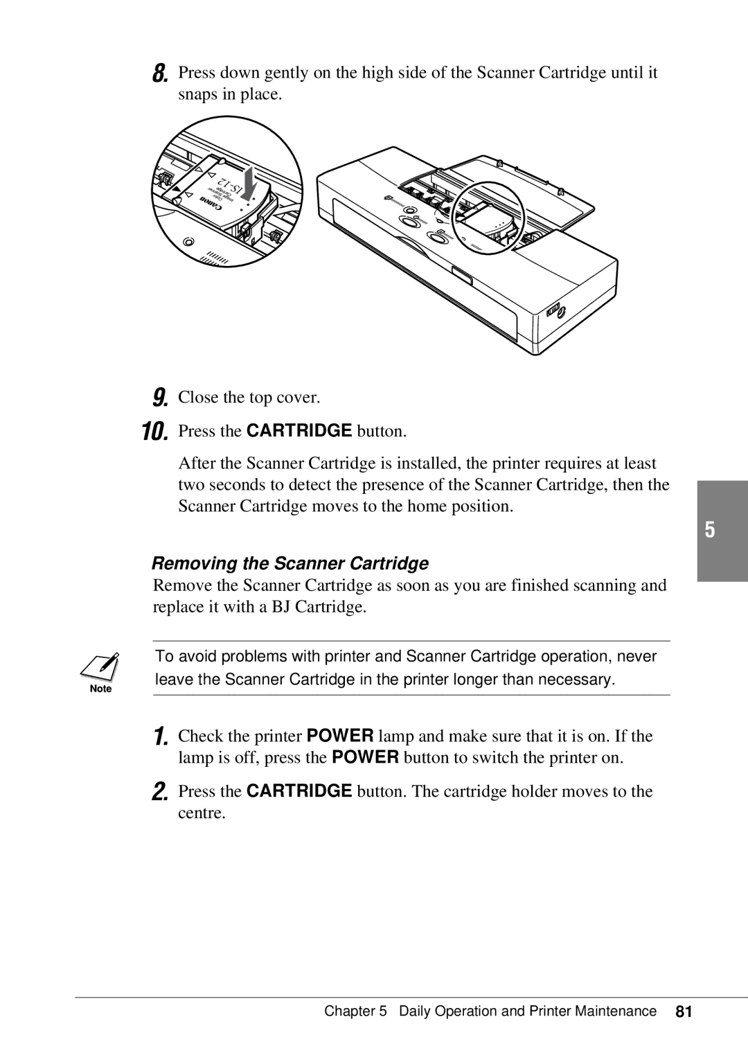 Canon BJC-55 user manual Removing the Scanner Cartridge 