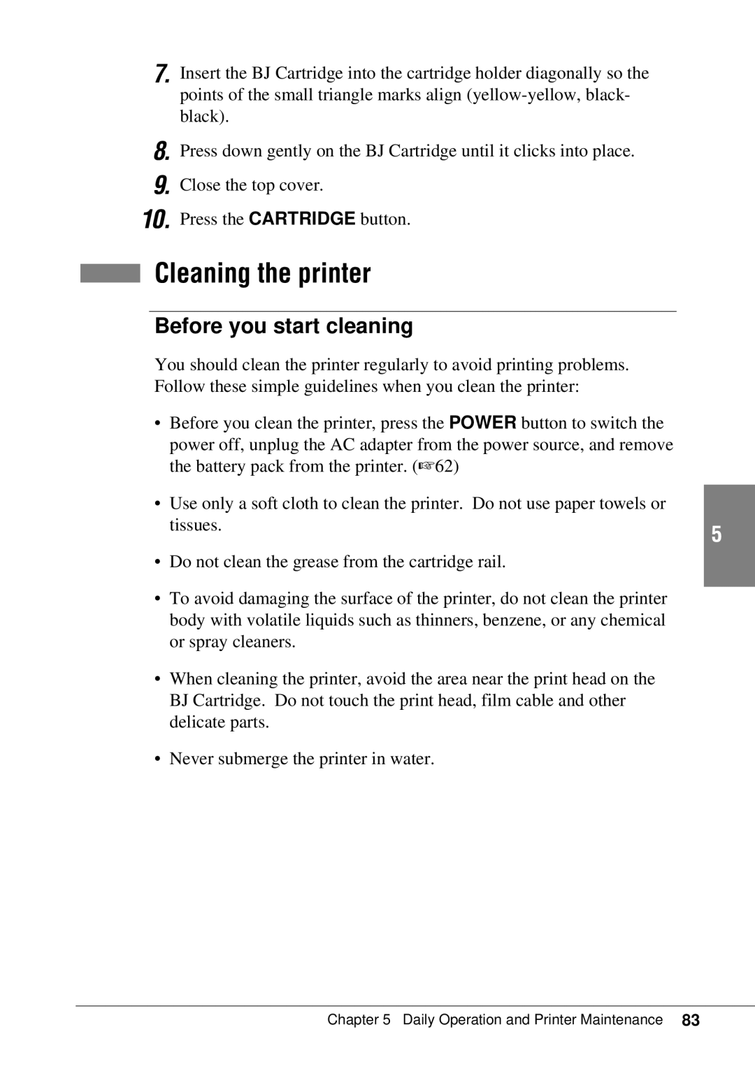 Canon BJC-55 user manual Cleaning the printer, Before you start cleaning 