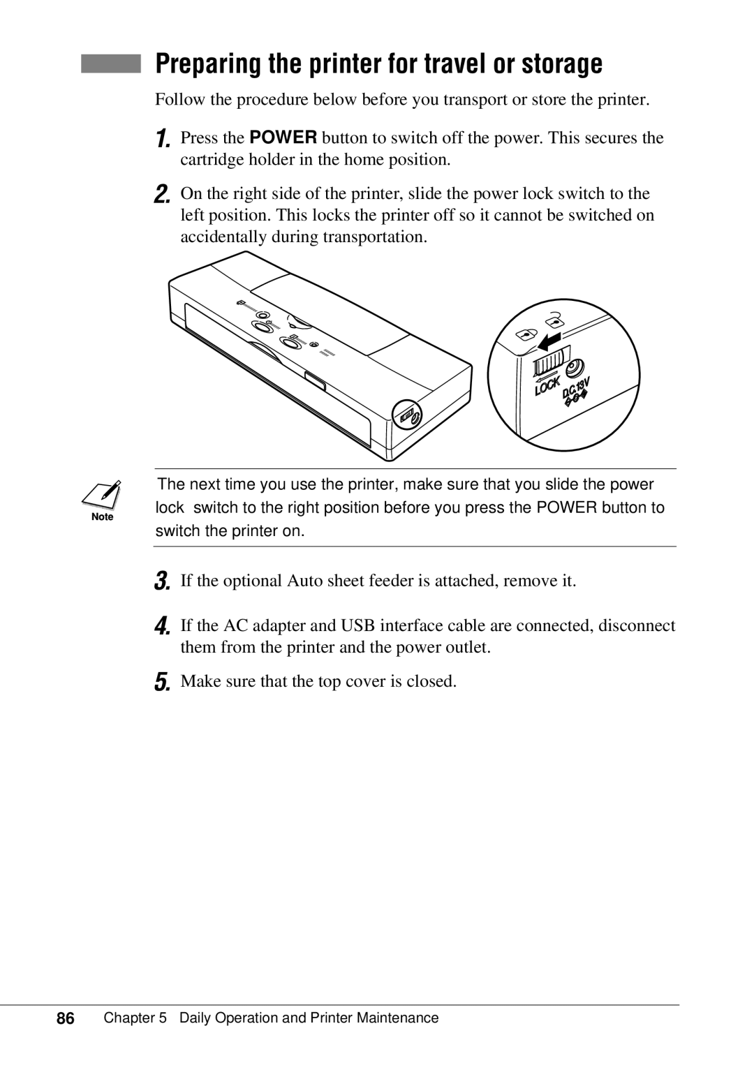 Canon BJC-55 user manual Preparing the printer for travel or storage 