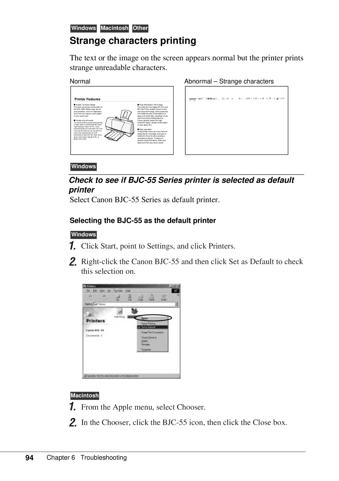 Canon BJC-55 user manual Strange characters printing, Normal Abnormal Strange characters 