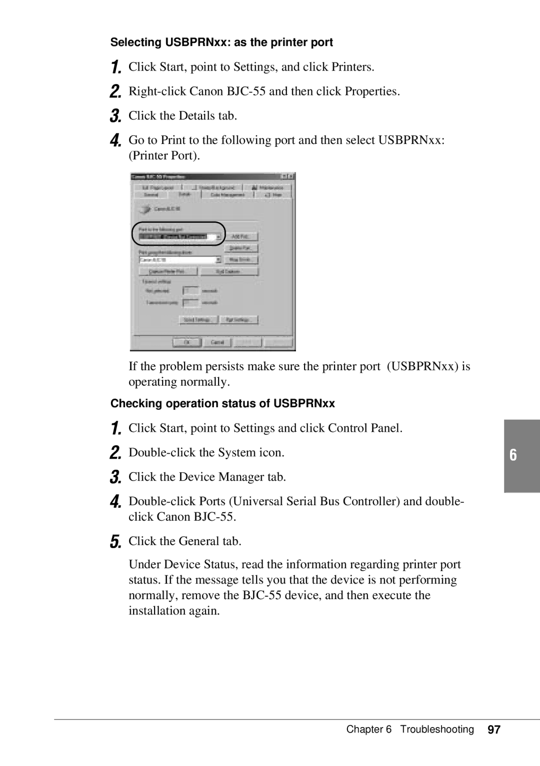 Canon BJC-55 user manual Selecting USBPRNxx as the printer port 