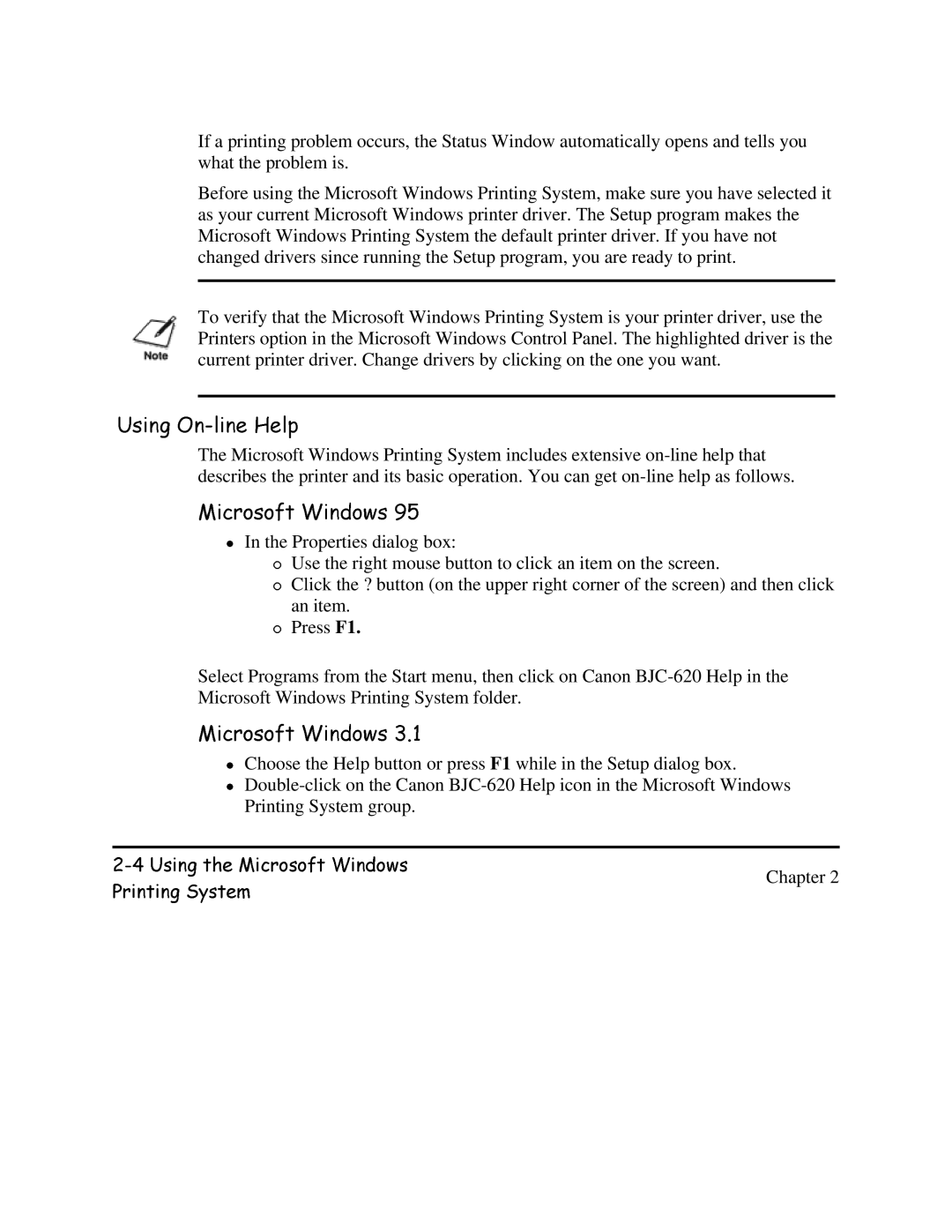 Canon BJC-620 user manual 3ULQWLQJ8VLQJ6\VWHPWKH0LFURVRIWPrinting SystemLQGRZVgroup 