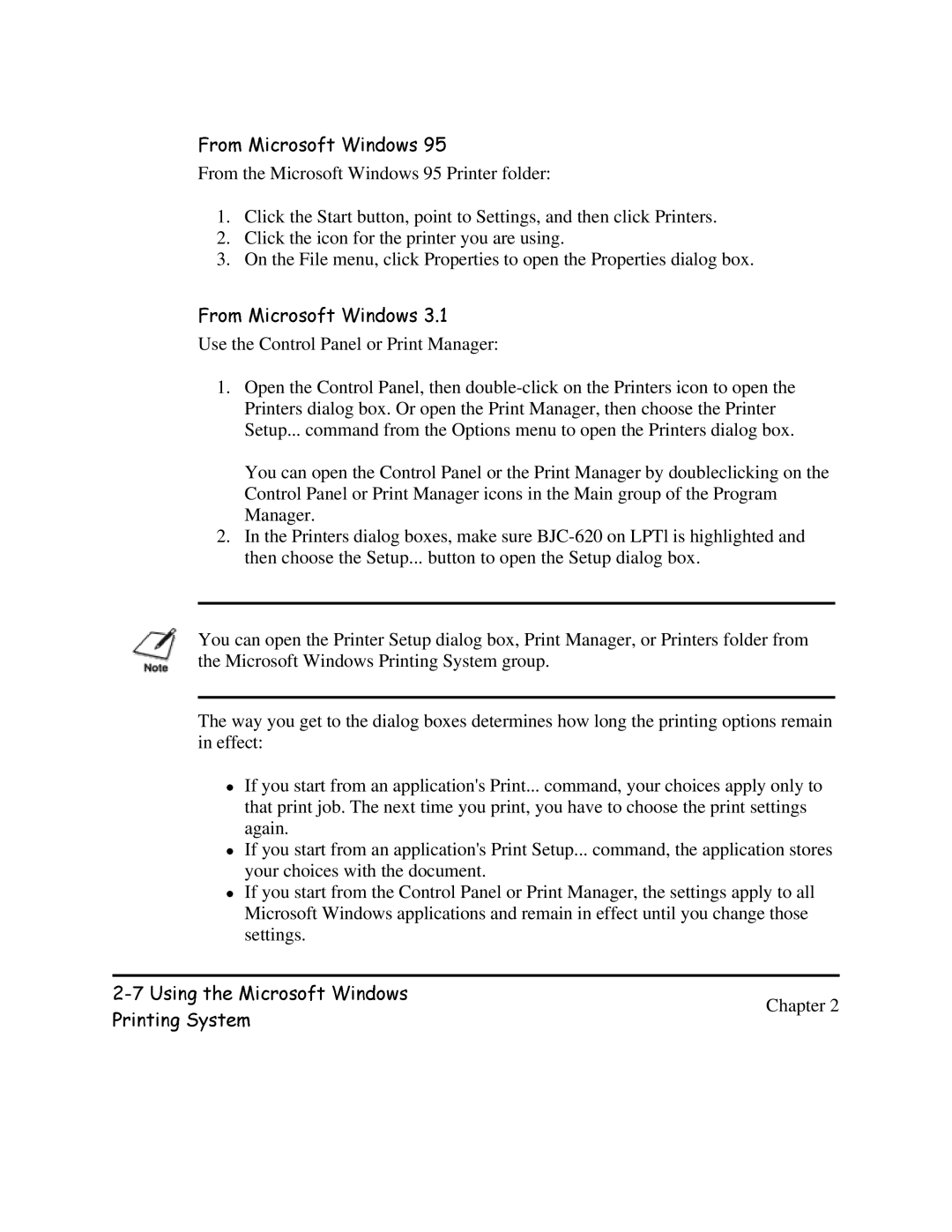 Canon BJC-620 user manual 3ULQWLQJ8VLQJ6\VWHPWKH0LFURVRIWLQGRZVsettings 