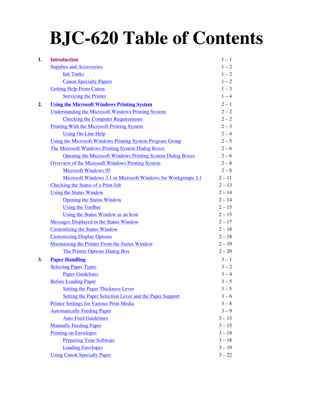 Canon user manual BJC-620 Table of Contents 