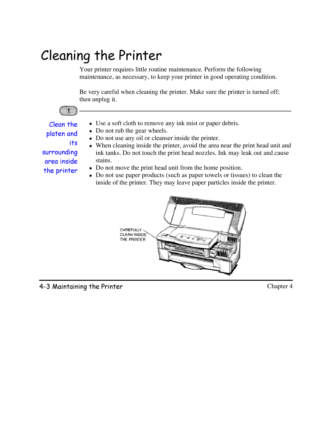 Canon BJC-620 user manual OHDQLQJWKH3ULQWHU, VXURXGLWKHDSODWHDU&OHDQSULQWHUVLGHWKHLWVJthen unplug it 