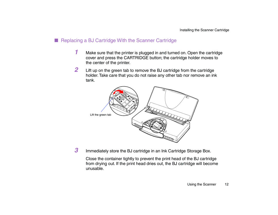 Canon BJC-85 manual Replacing a BJ Cartridge With the Scanner Cartridge 