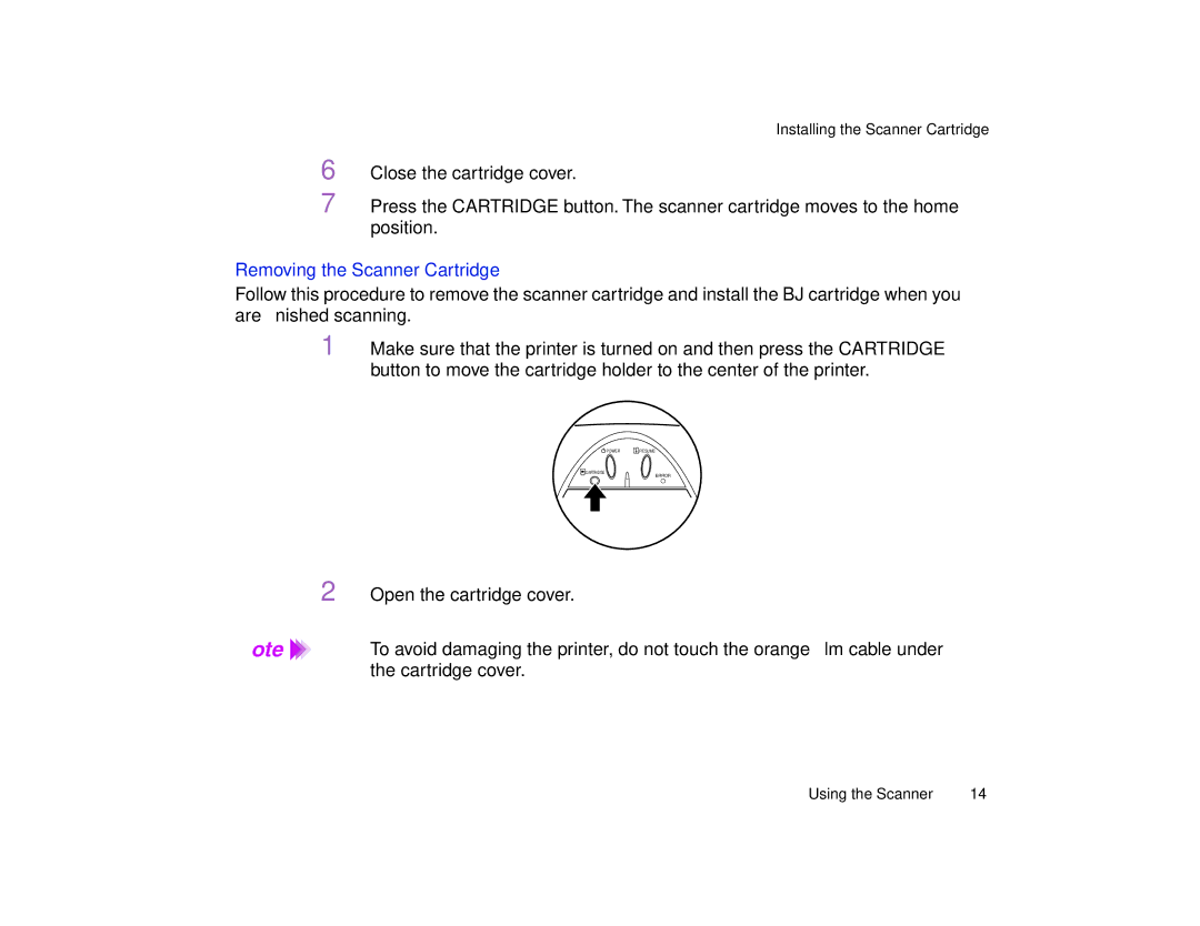 Canon BJC-85 manual Removing the Scanner Cartridge 