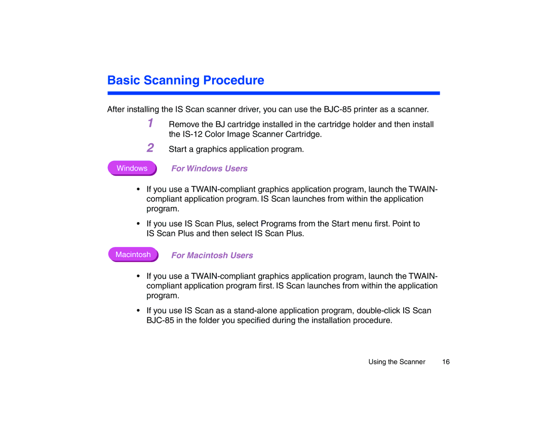 Canon BJC-85 manual Basic Scanning Procedure, Windows For Windows Users 