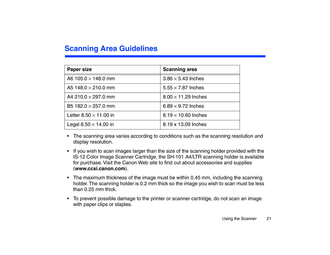 Canon BJC-85 manual Scanning Area Guidelines, Paper size Scanning area 