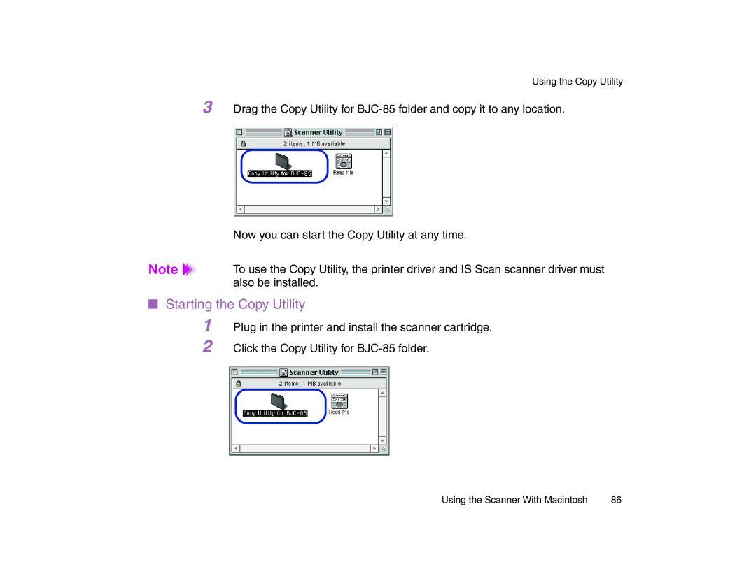 Canon BJC-85 manual Starting the Copy Utility 