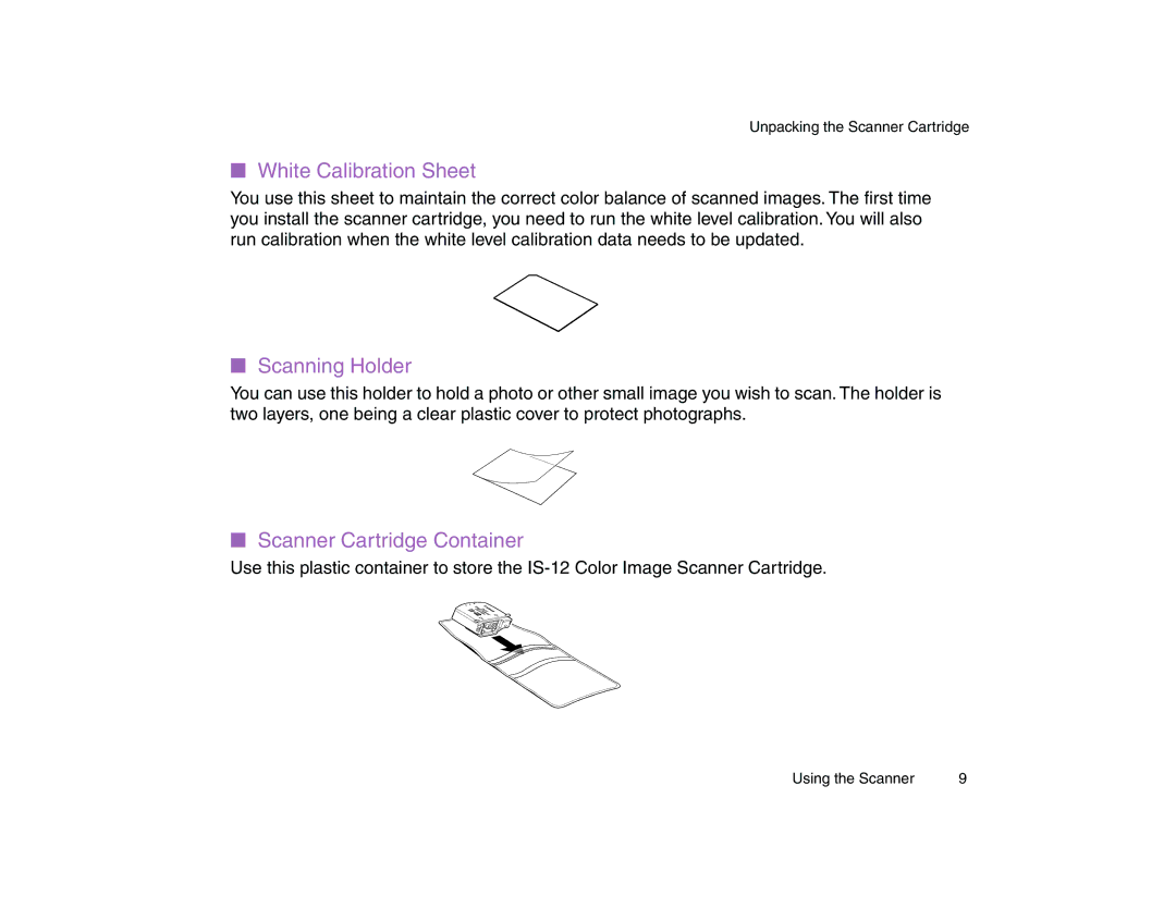 Canon BJC-85 manual White Calibration Sheet, Scanning Holder, Scanner Cartridge Container 