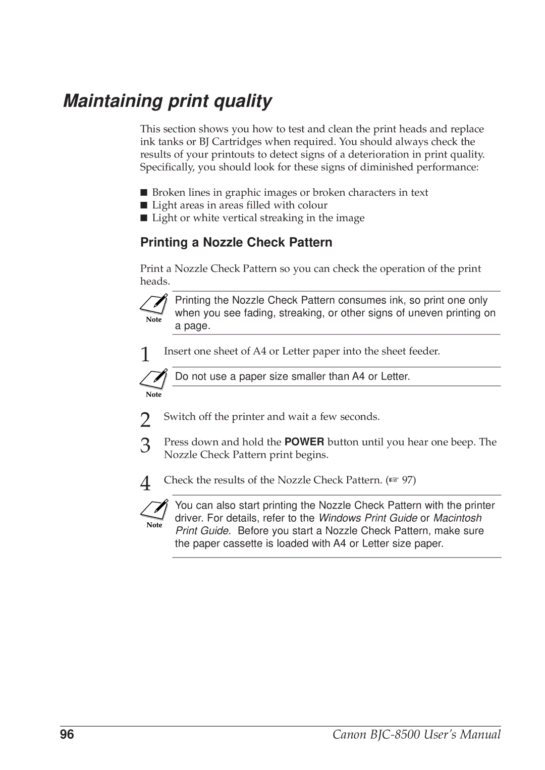 Canon BJC-8500 user manual Maintaining print quality, Printing a Nozzle Check Pattern 