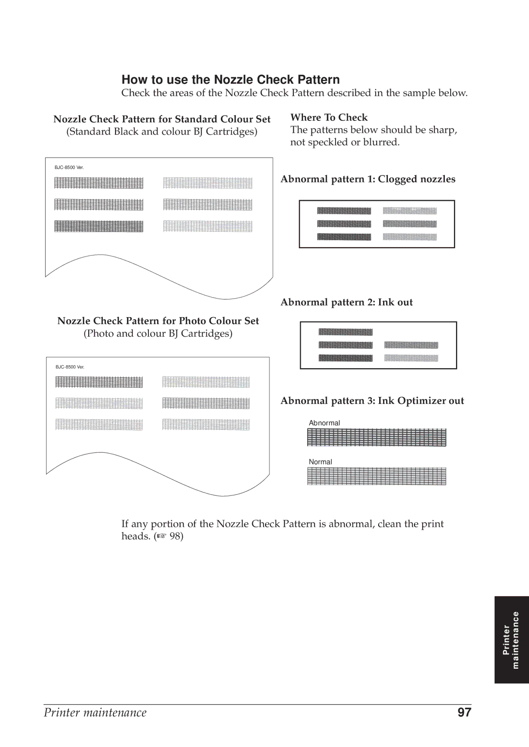 Canon BJC-8500 user manual How to use the Nozzle Check Pattern, Abnormal pattern 1 Clogged nozzles 