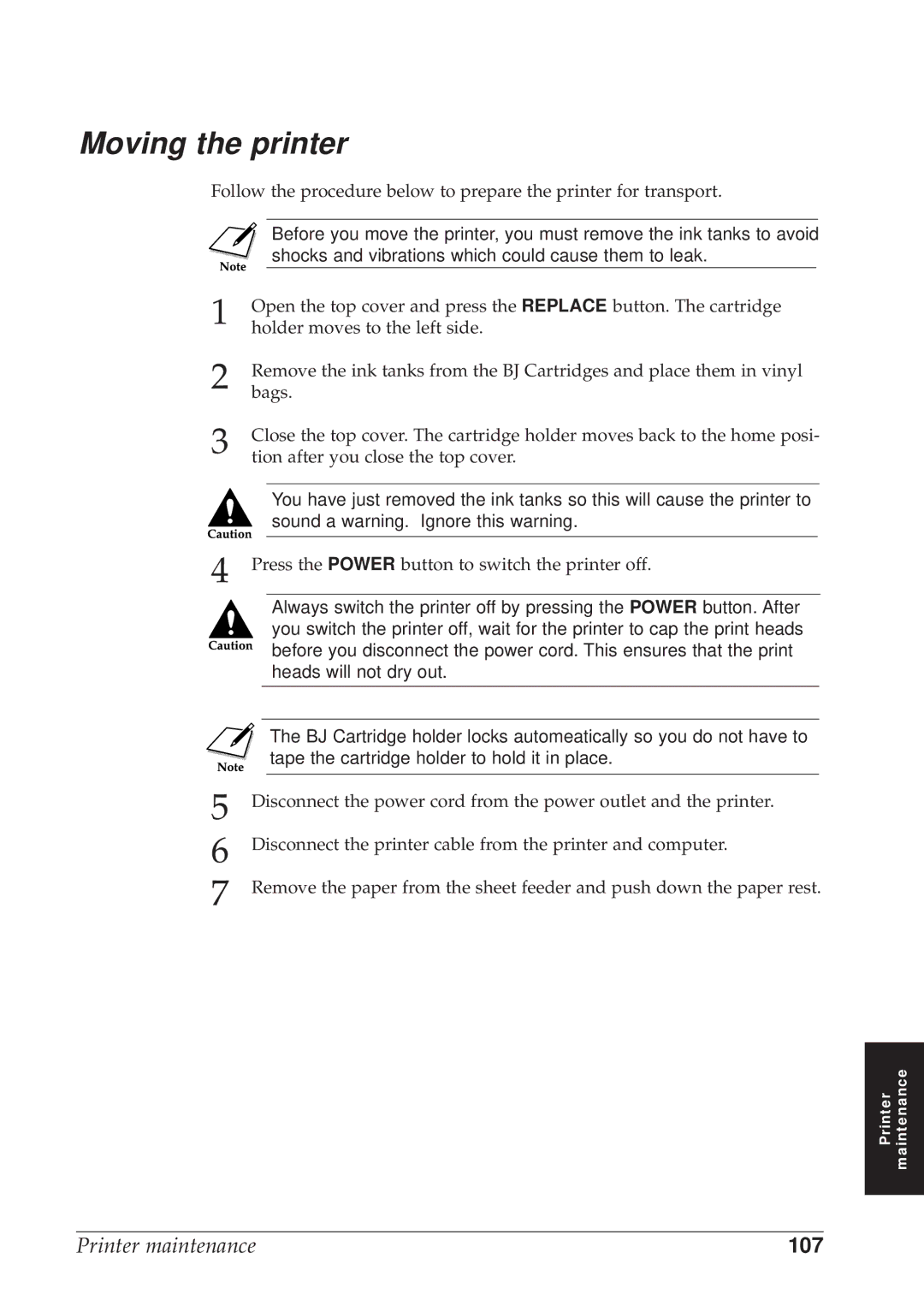 Canon BJC-8500 user manual Moving the printer, 107, Shocks and vibrations which could cause them to leak 