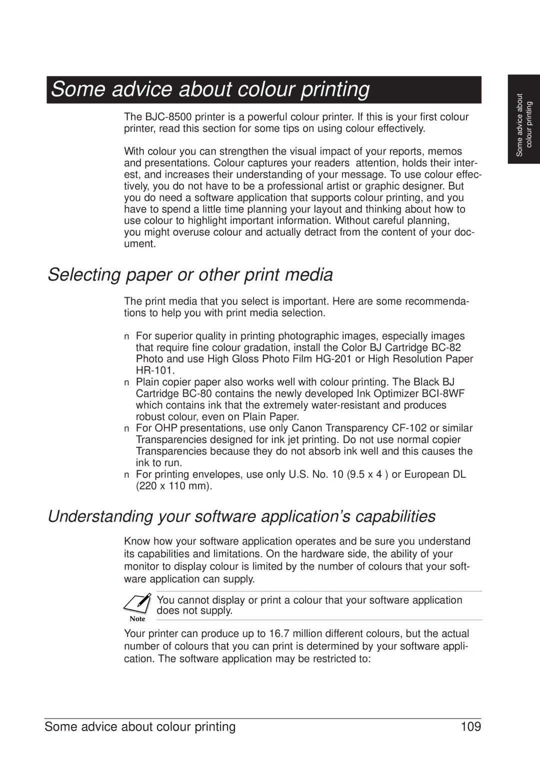 Canon BJC-8500 user manual Selecting paper or other print media, 109 