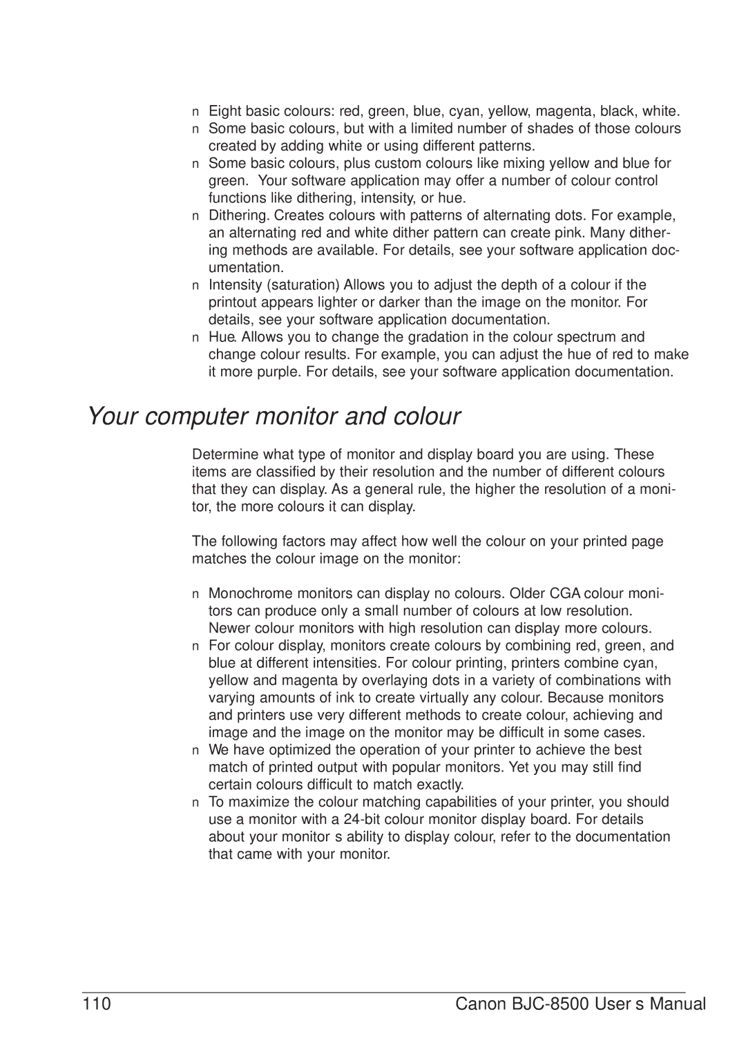 Canon BJC-8500 user manual Your computer monitor and colour 