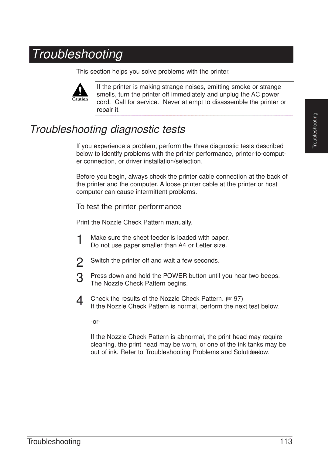 Canon BJC-8500 user manual Troubleshooting diagnostic tests, To test the printer performance, 113 