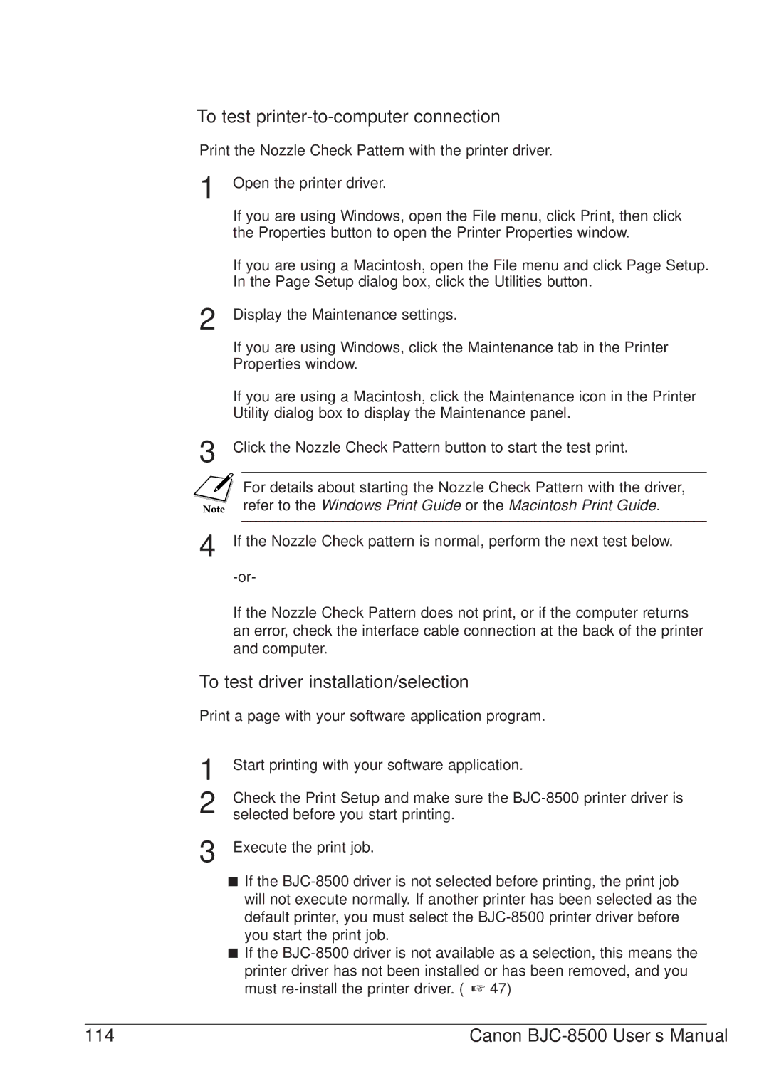 Canon BJC-8500 user manual To test printer-to-computer connection, To test driver installation/selection 