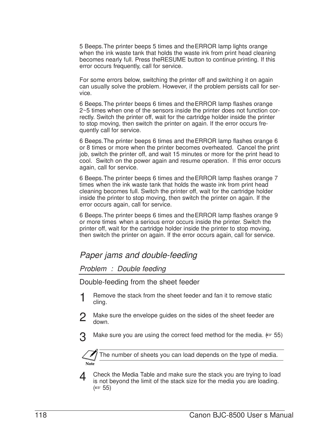 Canon BJC-8500 user manual Problem Double feeding, Double-feeding from the sheet feeder, 118 