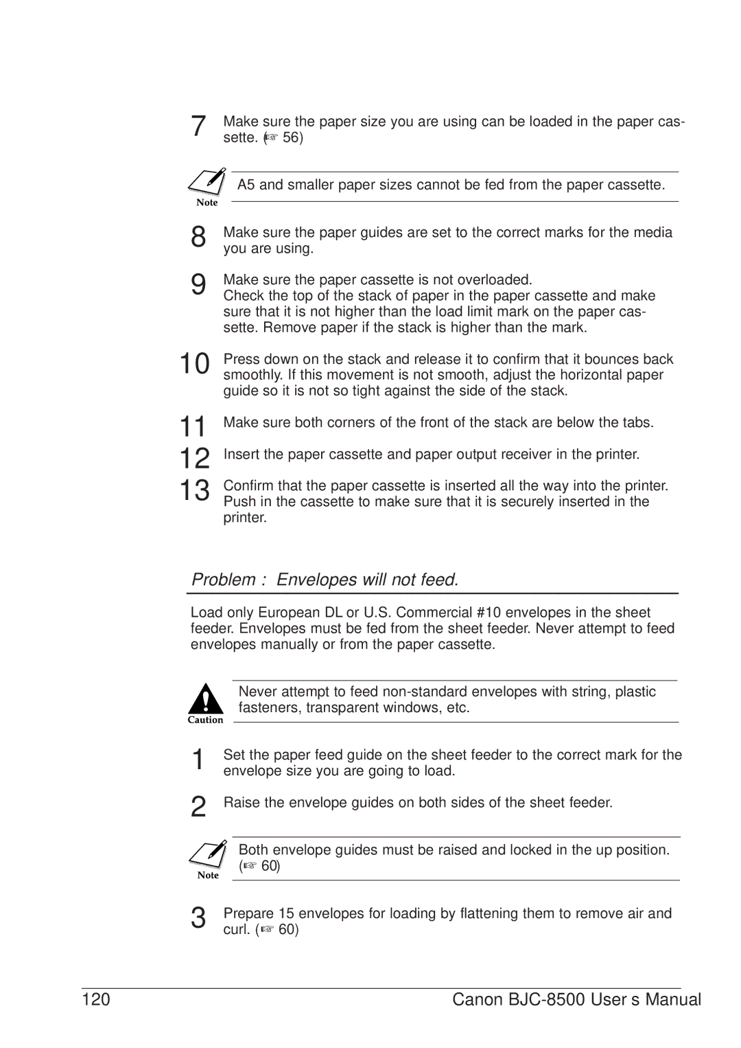 Canon BJC-8500 user manual Problem Envelopes will not feed 