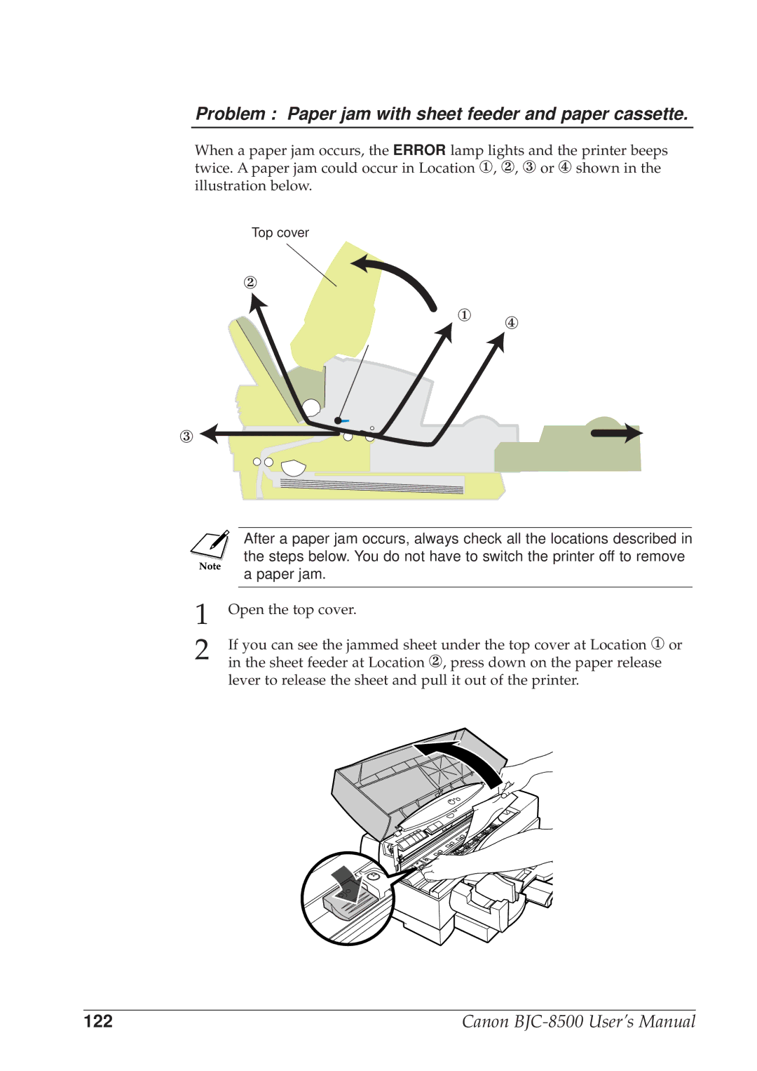 Canon BJC-8500 user manual Problem Paper jam with sheet feeder and paper cassette, ① ④ 