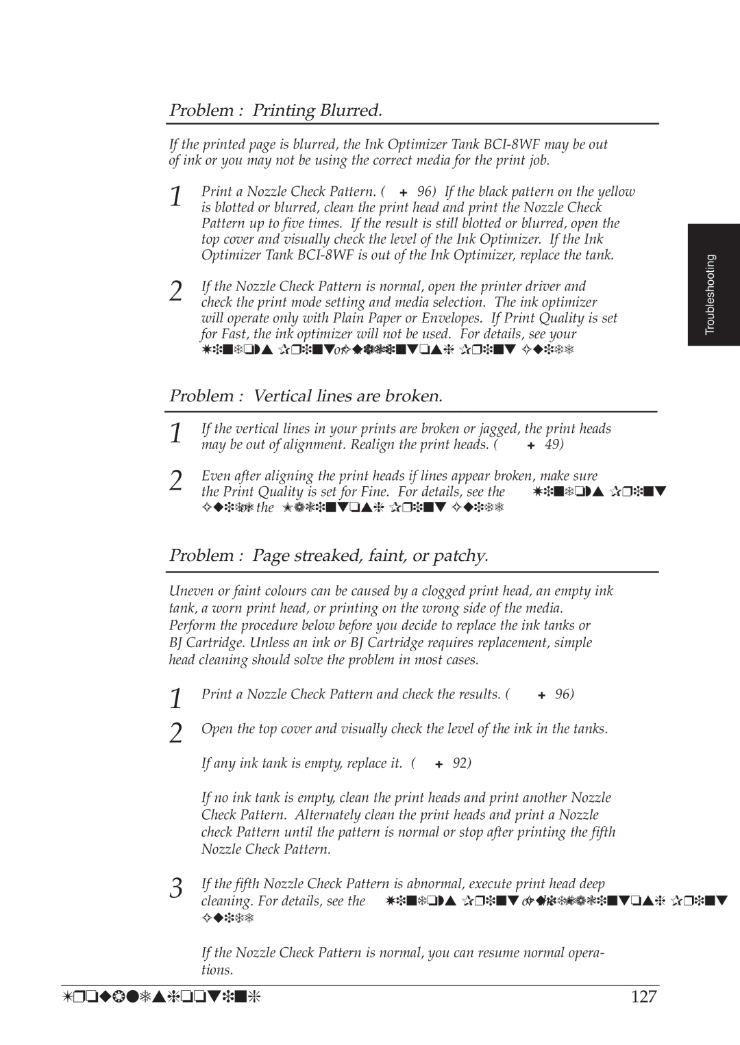 Canon BJC-8500 Problem Printing Blurred, Problem Vertical lines are broken, Problem Page streaked, faint, or patchy, 127 