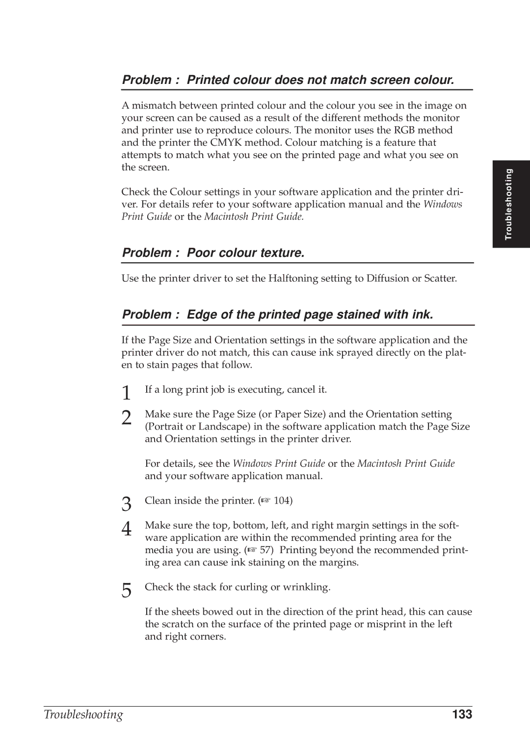 Canon BJC-8500 user manual Problem Printed colour does not match screen colour, Problem Poor colour texture, 133 