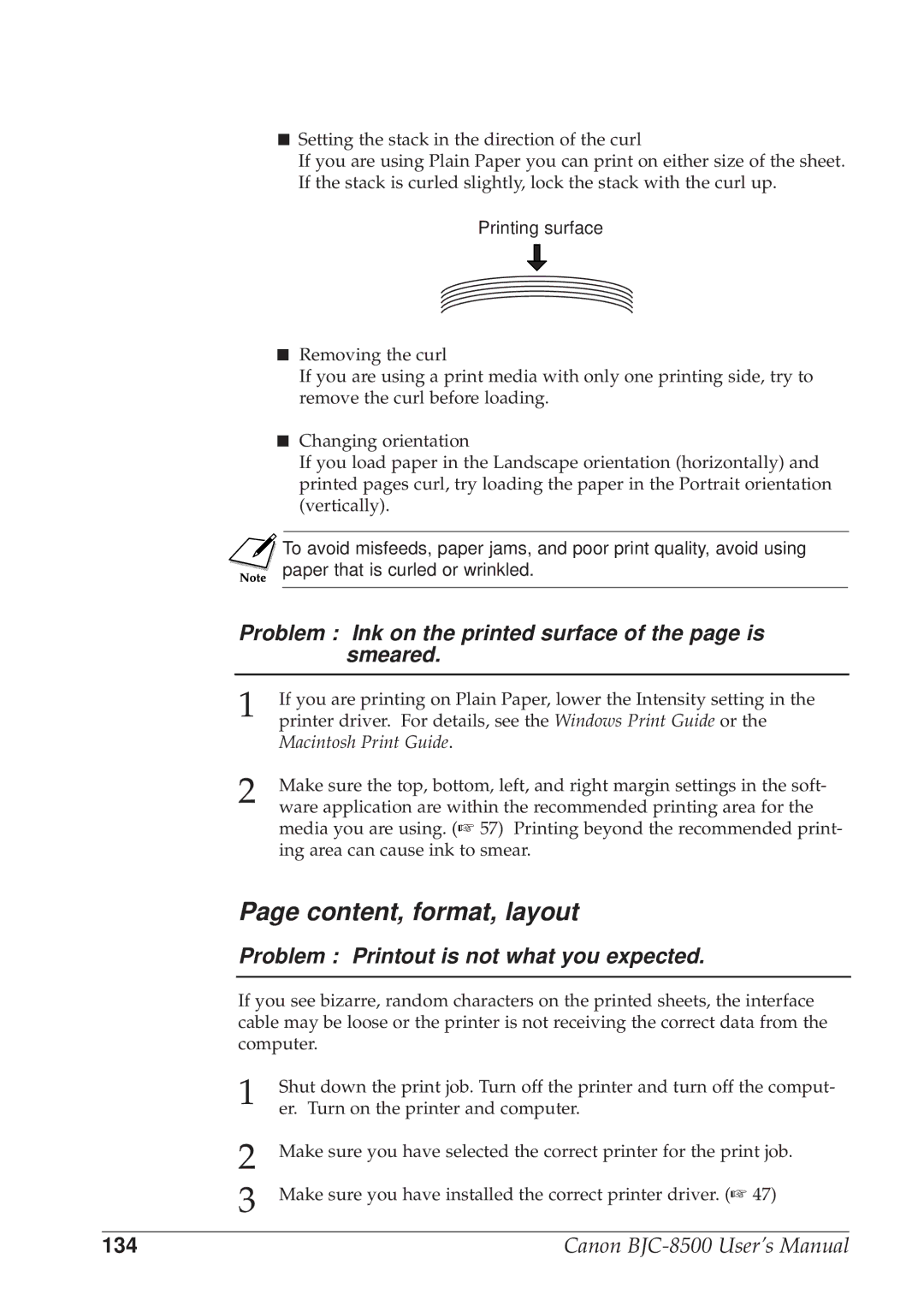 Canon BJC-8500 Problem Ink on the printed surface of the page is smeared, Problem Printout is not what you expected 