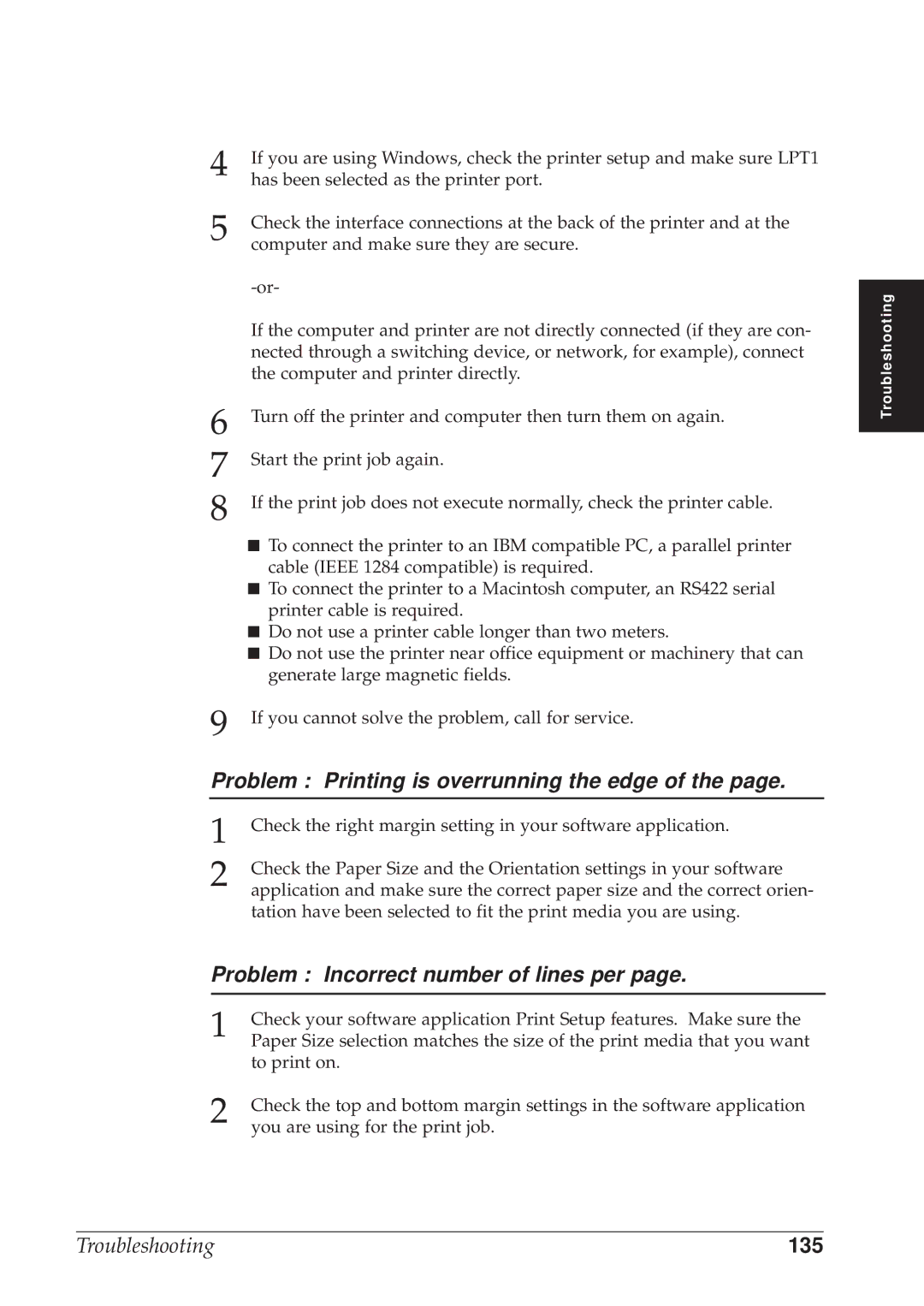 Canon BJC-8500 user manual Problem Printing is overrunning the edge, Problem Incorrect number of lines per, 135 