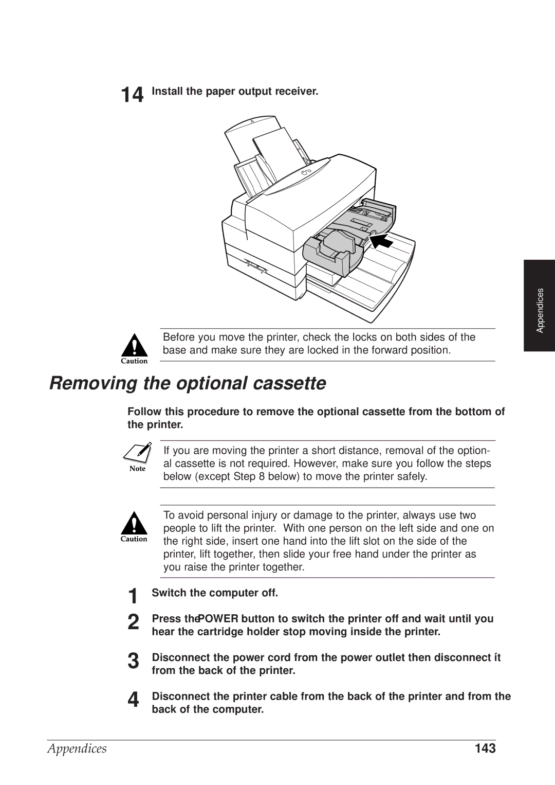 Canon BJC-8500 user manual Removing the optional cassette, 143 