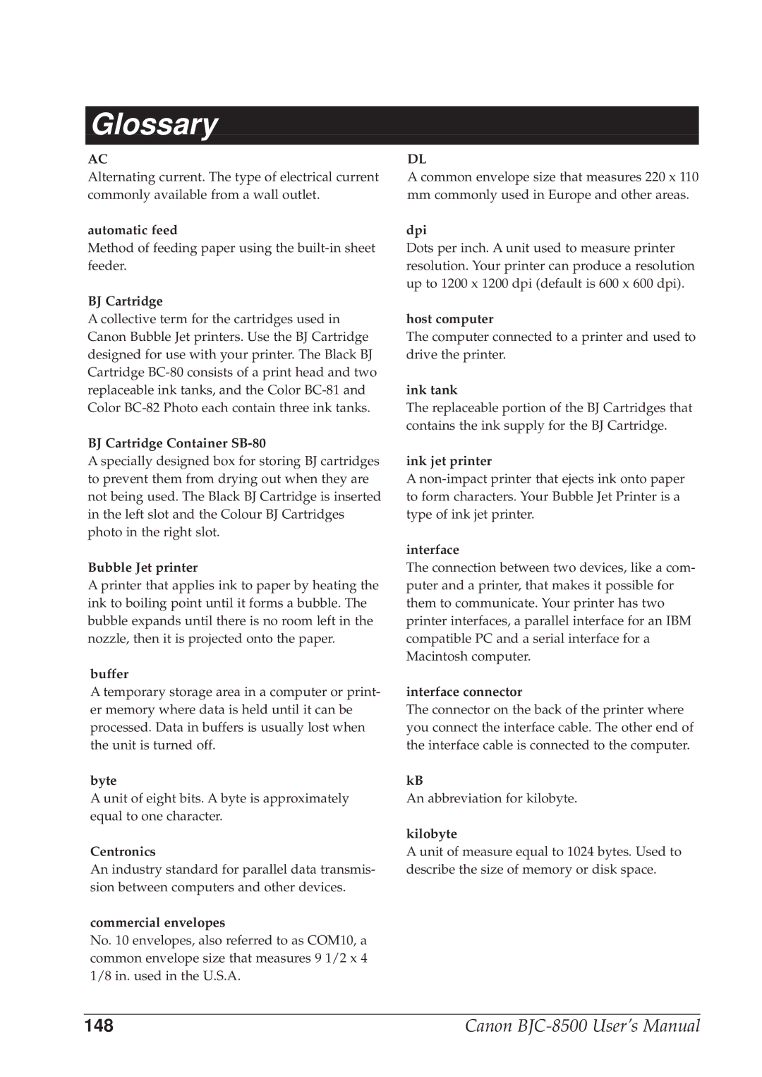 Canon BJC-8500 user manual Glossary 