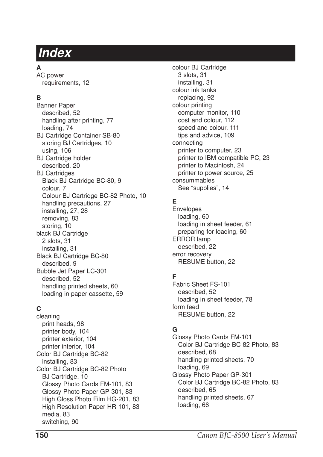 Canon BJC-8500 user manual Index 